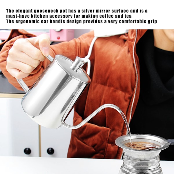 Kaffe Kanna Rostfritt Stål Lång Fin Pip Manuell Kaffe Vattenkokare med Lock för Hem Kaffe AnvändningSilver 350ML