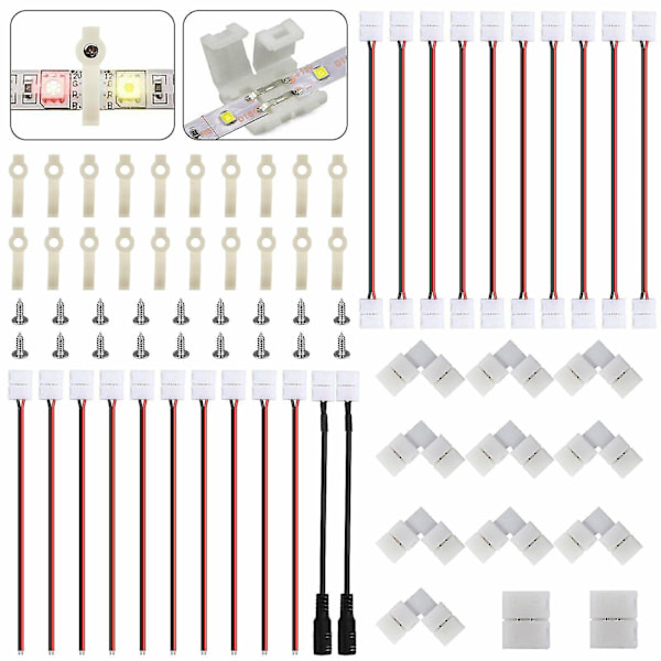 Kopplingssats för LED-strips 8 mm breda, snabb installation med snäppfäste, 2-polig ledare, vattentät kompatibilitet