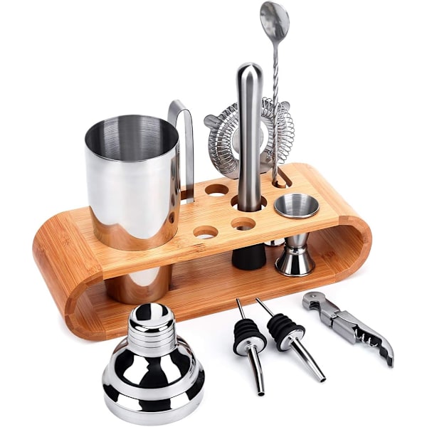 Hemmabartender-set, bambuställ ingår: Komplett cocktailshakerset med rostfria SS304 & SS430-verktyg, diskmaskinskompatibelt, fantastiskt