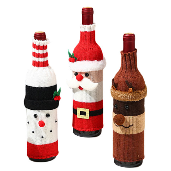 Julens Elegans, Julvinflaskfodral med Kreativ Stickad Tomte och Snögubbe Design, Högkvalitativ Polyester Virkning,