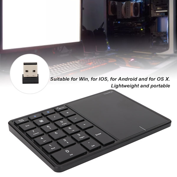 2 i 1 Trådlös Nummerplatta Touchpad 22 Tangenter Trådlös BT4.2 2.4G Typ C Laddning 500mAh Batteri Numeriskt TangentbordSvart
