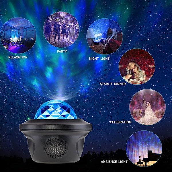Stjernelys projektionslampe vandmønsterlampe laserlys atmosfære natlys med opladning Bluetooth lydbar KTV