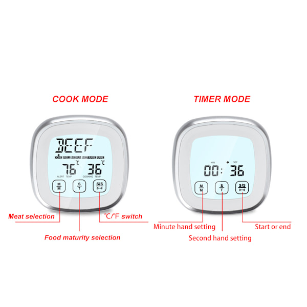 Trådlös mattermometer Elektronisk digital pekskärm med timerlarm för sockerkokning Grillning