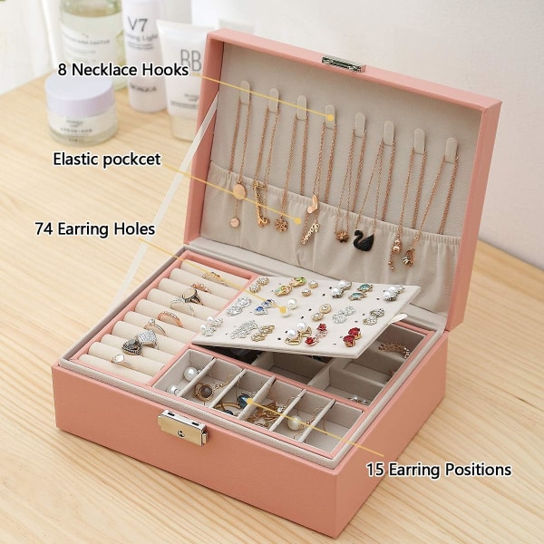 Boîte à Bijoux pour Femme, Coffret à Bijoux en Cuir Verrouillable de Voyage 2 Couches Organisateur à Bijoux, Petit Jewelry Stockage Cas Rangement