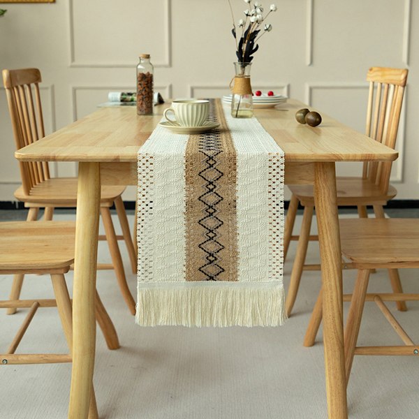 Bordslöpare i bohemisk stil, dekorerad med tofsar, bomulls- och linneblandning för bondgårdsinredning, elegant design med färgstarka inslag, mångsidig storlek för