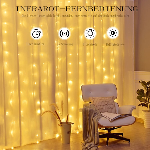 Fairy Ljusslinga för Fönstergardin, 3M X 3M Kallvita LED-lampor med 8 Ljuslägen, Vattentät Idealisk för Inomhus- och Utomhusdekoration, USB-driven