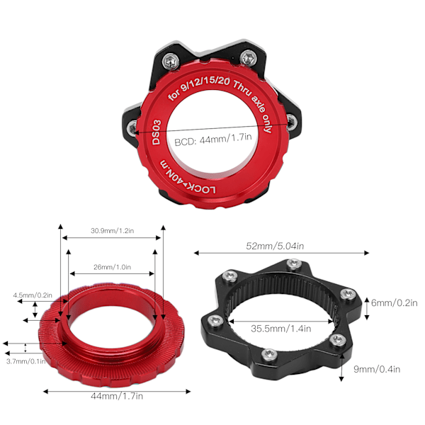 MEIJUN Centerlock til 6 Bolt Fitting Adapter Lockring Aluminiumlegering Akselnavadapter til Thru Axle HubRød