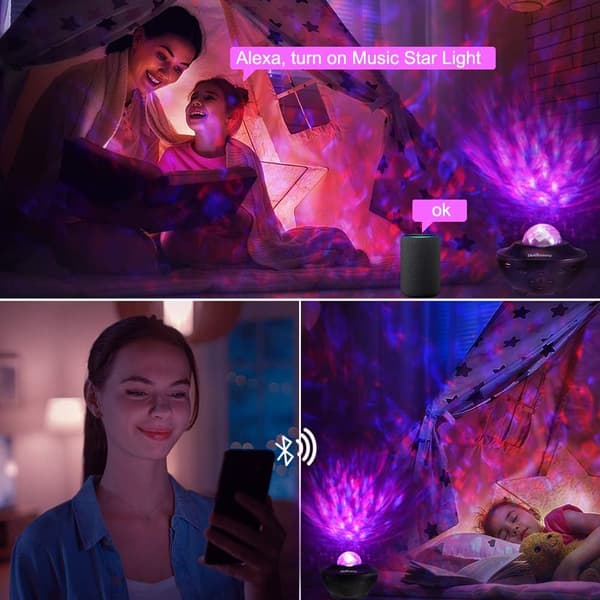 Galaktisk Symfoni, Stjernenatlys med Bluetooth-højtaler, Tilpasselige effekter til soveværelset, Auto-sluk-timer, Stemmestyring, Perfekt til børn &