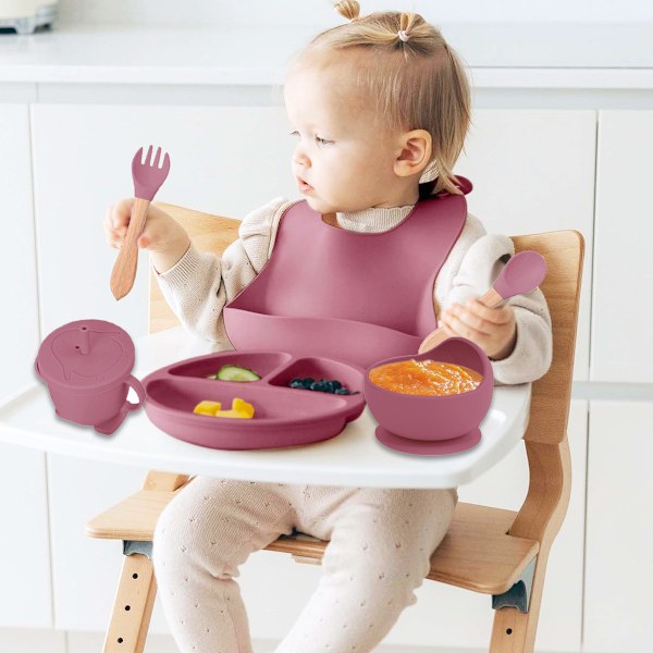 Barnens kompletterande silikonplatta babykompletterande skål smiley platta sexdelad besticksset