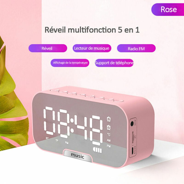 5-i-1 Multifunktionell Klocka, Elegant Spegel LED-Display Väckarklocka Med Dubbla Alarm För Flickor Vuxna, Stöd För TF-kort, Bluetooth-Högtalare