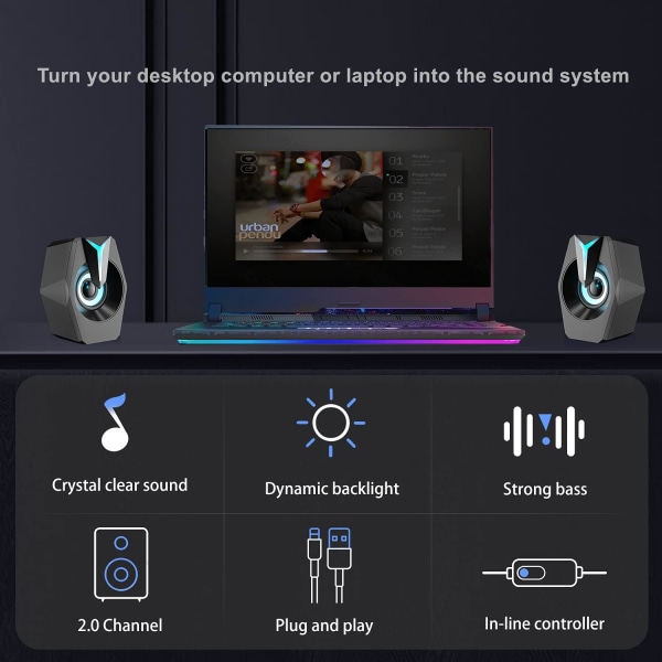 Datorhögtalare, Stereo PC Gaming-högtalare med 7 färger