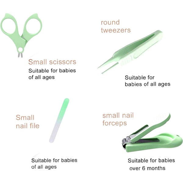Baby nagelsats, 4-i-1 baby set med sött case, baby nagelklippare, sax, nagelfil och pincett, uggla grön baby manikyr kit och pedikyr