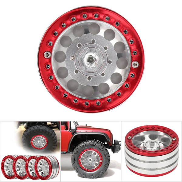 4 kpl 1,9 tuuman alumiinista valmistetut Beadlock-vanteen vanteet ja navat SCX10 1/10 RC-mallinnusautoon (hopea-punainen)