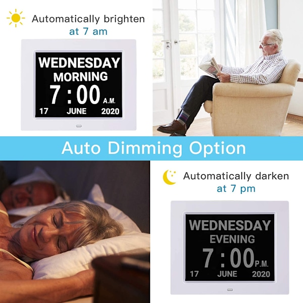 Visionär Tidmätare, Klocka med Dag och Datum, Extra Stor Display Digital Kalender, Automatisk Dimning IPS-Skärm, Alarm och Medicinpåminnelse (8\")