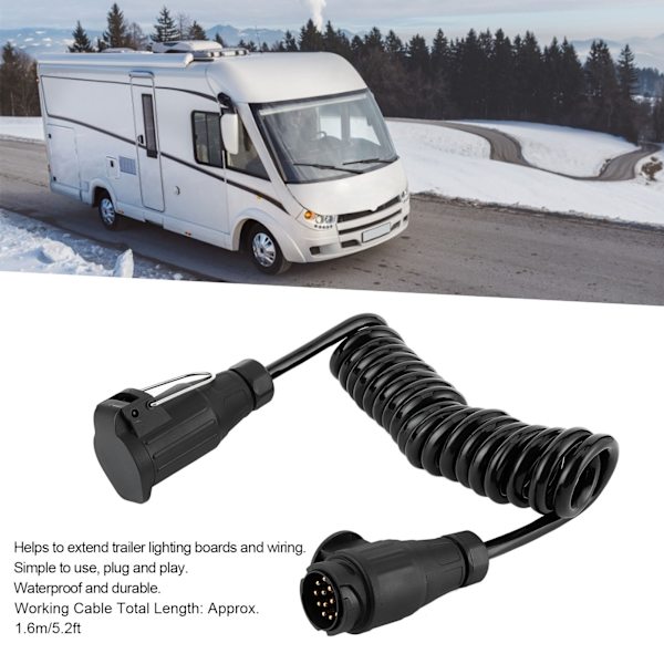 13-polig adapterkabel för släpvagnskontakt, förlängningssladd med fjäder för bil, husvagn och husbil