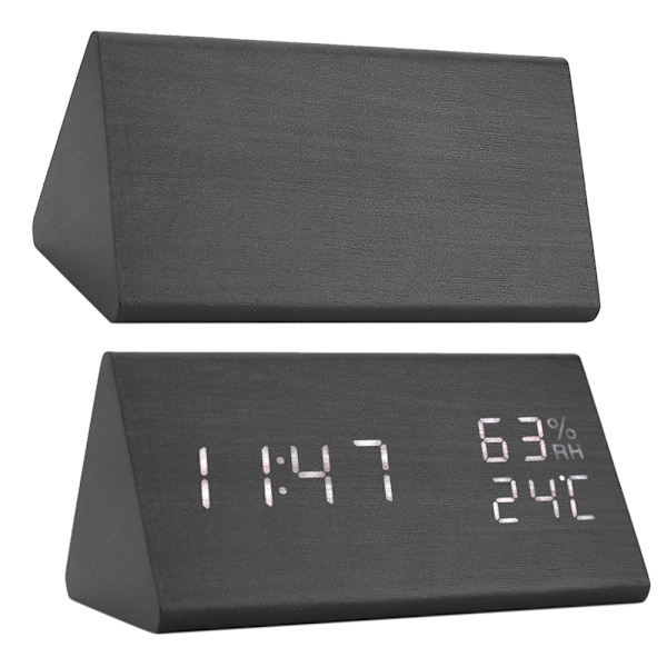 Träväckarklocka LED Digital Tid/Temperatur/Fuktighetsdisplay Röststyrning