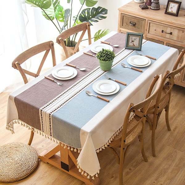 Elegant Duk, Bomull Linne Rektangulära Dukar med Toppkant, Modernt Enkelt Randigt Mönster för Kök & Matsal, 140x220 cm