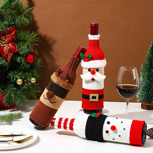 Julens Elegans, Julvinflaskfodral med Kreativ Stickad Tomte och Snögubbe Design, Högkvalitativ Polyester Virkning,