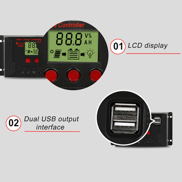 Aurinkokontrolleri PWM 12V 24V Automaattinen sovitus LCD-näyttö USB-portti Aurinkosäädin 40A