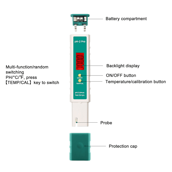 PH-meter Digital PH-tester Pen med teststrimmelfunktion Termometer til drikkevandspool