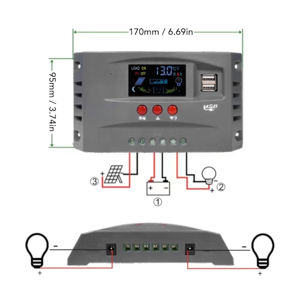 Solcellsladdningsregulator MPPT Spårningsladdning 12V 24V Automatisk anpassning LCD Solpanelregulator med 2 DC USB 30A