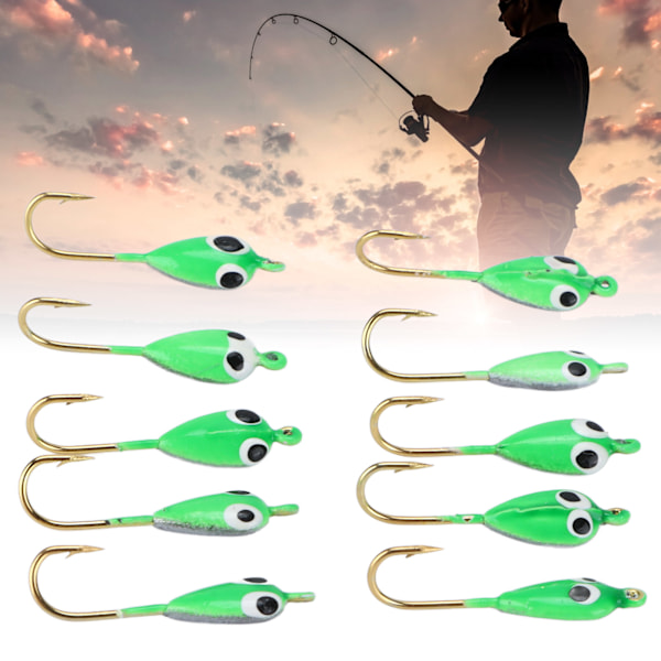 10Pcs Ice Fishing Jigs Barbed Winter Jigging Lures Mini Hook Accessories Green Tadpole Shape