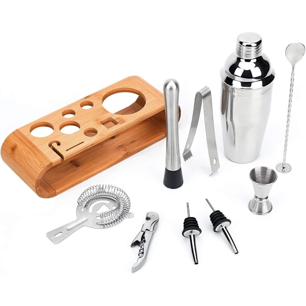 Hemmabartender-set, bambuställ ingår: Komplett cocktailshakerset med rostfria SS304 & SS430-verktyg, diskmaskinskompatibelt, fantastiskt