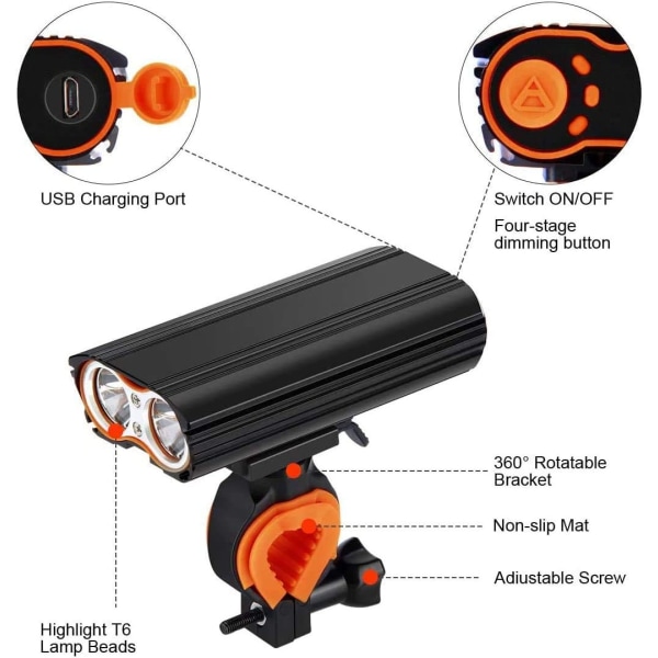 2400 Lumen Vanntett MTB Terrengsykkel Lys USB Oppladbar 4 Moduser Frontlys LED Lampe Kraftig Passer Alle VTC Sykkel