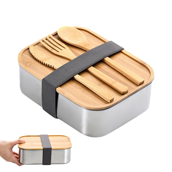 Rostfri Bento Lunch Box Metallbehållare Trälock med 3-delad bestickuppsättning Lunchlåda för vuxna barn