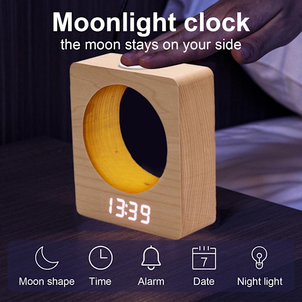 Klocka i massivt trä, stilren trädesign med justerbar volym, displaydimmer, dubbla alarm, snabbare trådlös laddning för sovrum, skrivbord, kontor (högljudd)