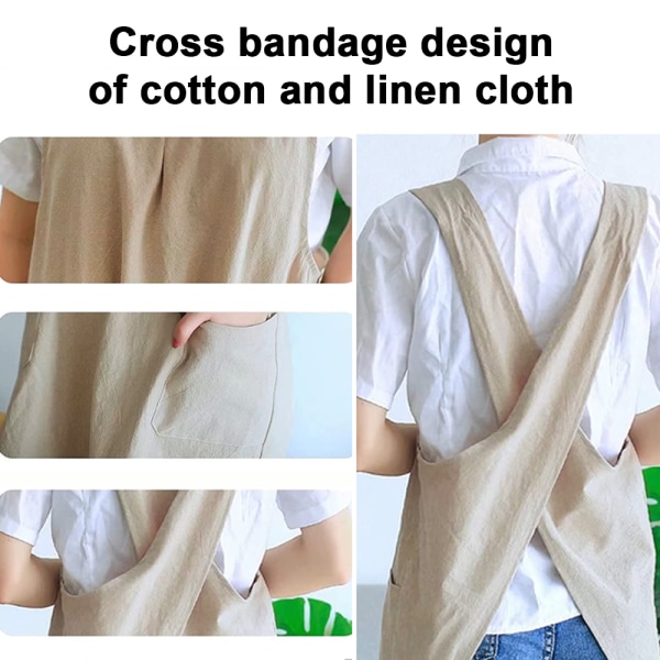 Linen Cross Back Köksförkläden för kvinnor med fickor C Khaki