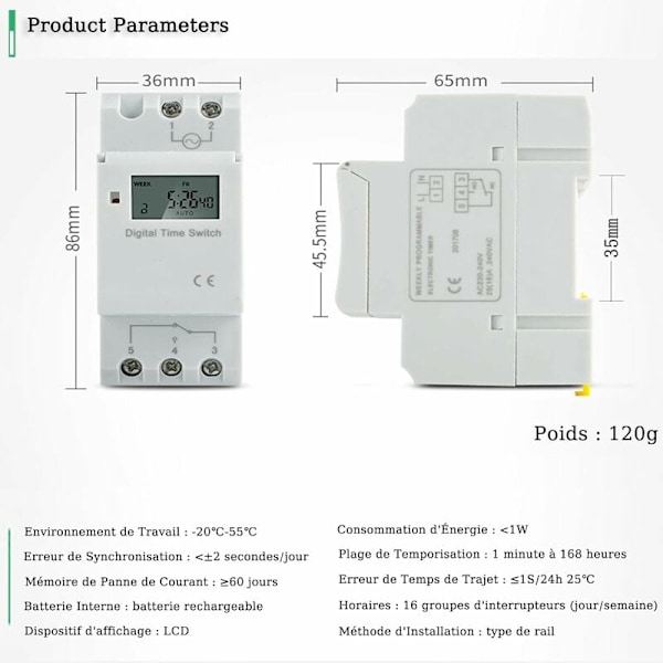 Elektronisk Timer, Digital Programmerbar Timerbrytare för 35mm DIN-skenor, Noggrann till Minuten med Stor LCD-skärm, Idealisk för Krävande Applikationer