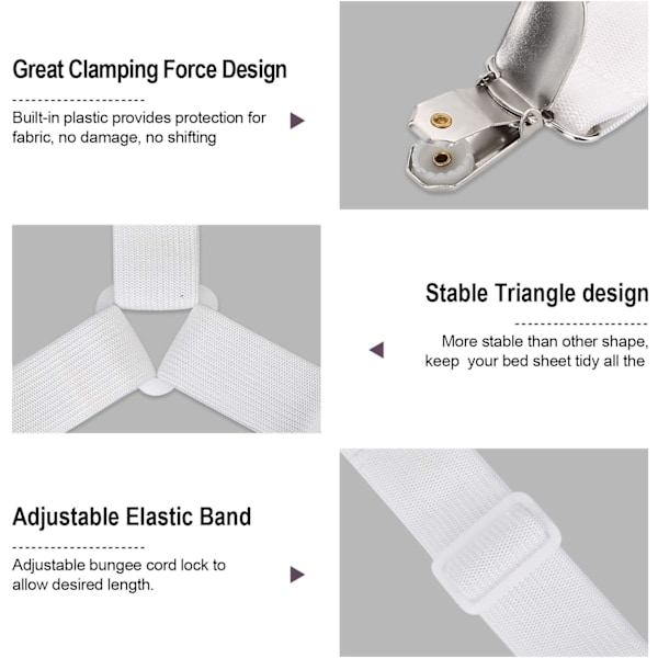 Innovativa lakanhållare för halkfri, stabil triangulär design, mångsidiga lakanfästen, fullt justerbar längd med kraftiga elastiska band
