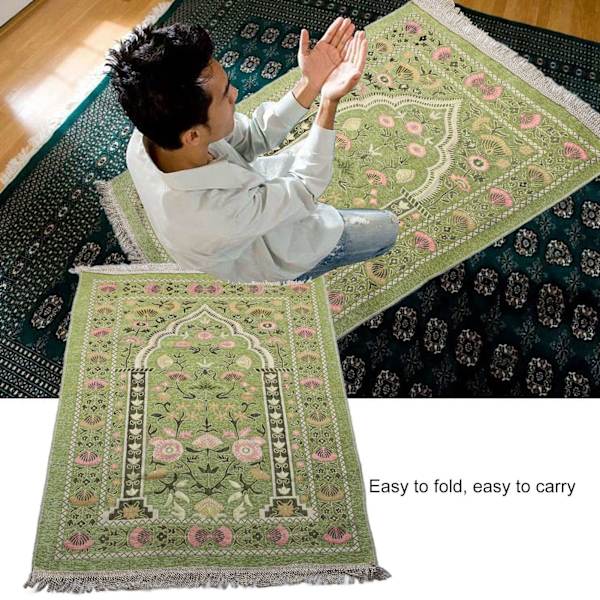 Muslimsk Bønnetæppe Bærbar Utsøgt Broderet Blomsterdesign Etnisk Tilbedelsesmåtte Græsgrøn