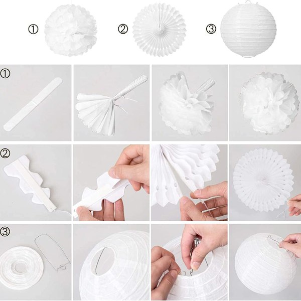 Pappersboll fluffig blomma vit bröllopsdekoration, 20 stycken papper fluffig sidenboll hängande, retro lampa fluffig honeycomb bröllop födelsedag eller baby White