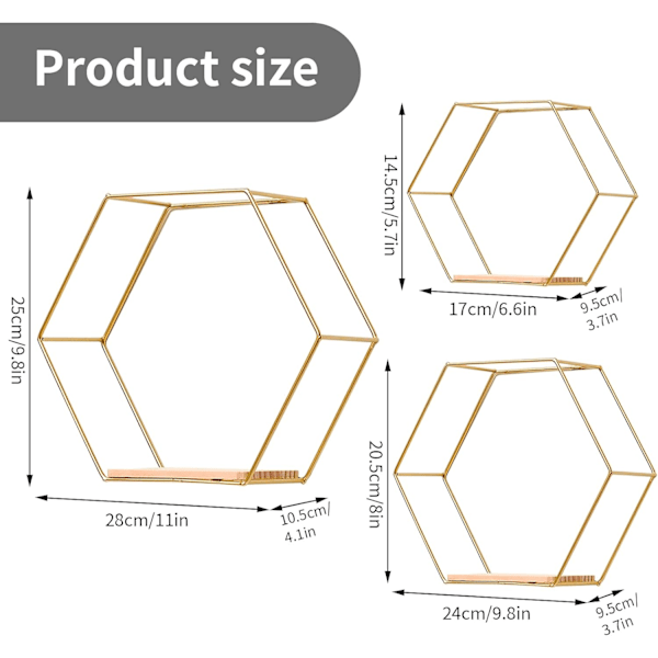 Hexagon Flytande Hyllor, Nordisk Järnkonst för All Dekoration, Robust och Stabil med Högkvalitativ Massiv Träskiva i Botten, Perfekt för