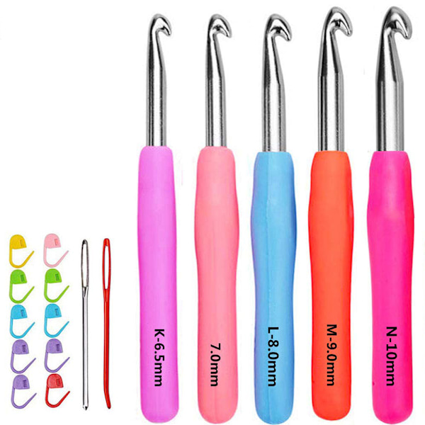 Virka krokar set, 5 storlekar, färgglada, ergonomiskt mjukt handtag