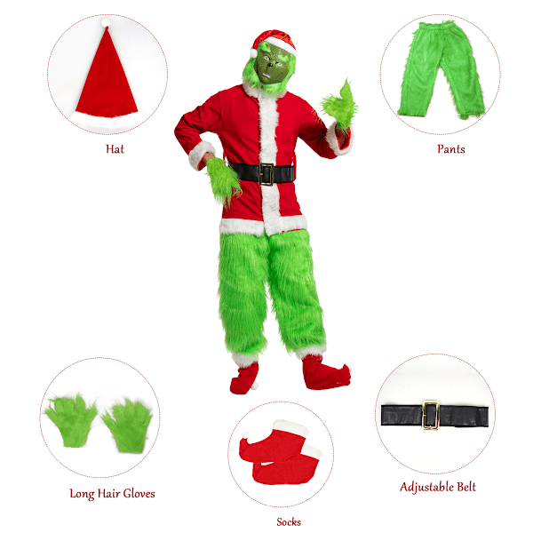 Julekostyme-kupp Grønn pelsmonster Grinch-klær Grønn pelsmonstermaske Den grønne Grinch