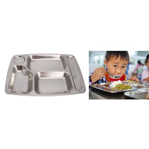 Rustfrit stål madbakke 35,5*26,5cm rektangulær, 5-vejs underinddeling/opdelt - kantinebakke