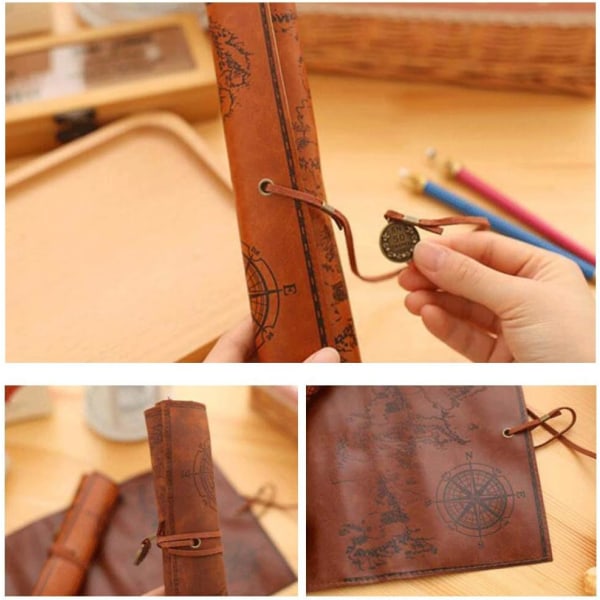 PU läder Rollup Pen Bag, Vintage Creative Map Case,