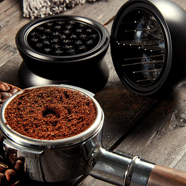Justerbar kaffedistributør i fødevarekvalitet Metal roterende håndtag Fast låg 22 nåle Kaffe pulverfordeler Sort 51mm