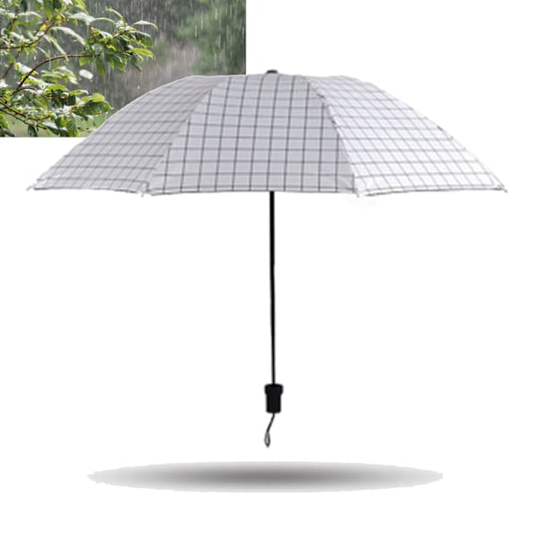Bärbart Paraply Tri Fold 8 Ribbor Regn Sol Dubbel Användning Vindtätt Vikbart Rutmönstrat Paraply för Utomhusresor Vit