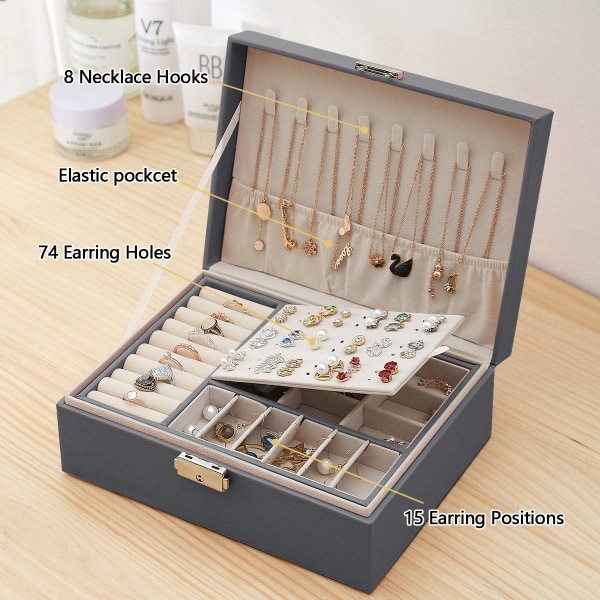 Boîte à Bijoux pour Femme, Coffret à Bijoux en Cuir Verrouillable de Voyage 2 Soffor Organisatör à Bijoux, Petit Jewelry Stockage Cas Rangement