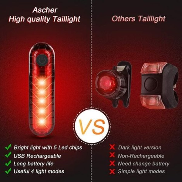2 Pak USB Genopladeligt LED Cykel Baglygte, Lys Cykel Baglygte, 220mAh Lithium Batteri, 4 Lystilstande, (2 USB Kabler