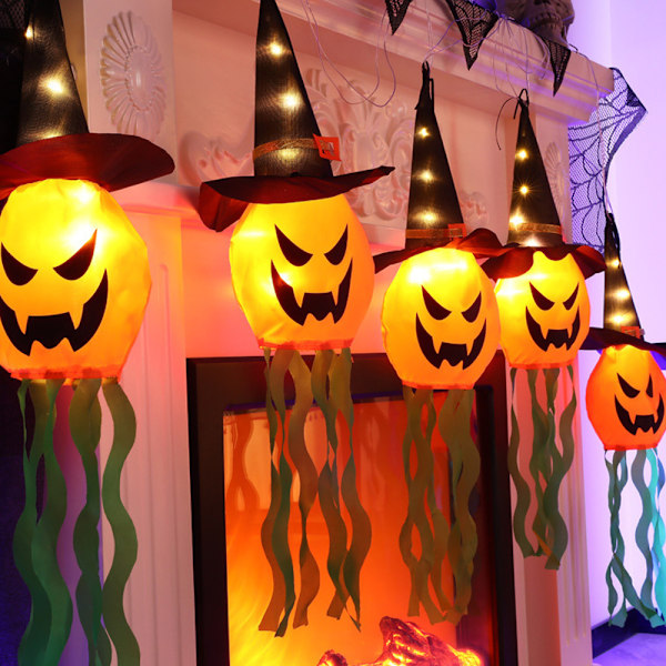 Mystisk Atmosfär Halloween Dekorationer, Vattentät Lysande Pumpa Häxhatt För Inomhus Prydnader Och Utomhus Ljusslingor (5 st)