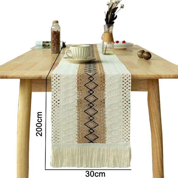 Bordslöpare i bohemisk stil, dekorerad med tofsar, bomulls- och linneblandning för bondgårdsinredning, elegant design med färgstarka inslag, mångsidig storlek för