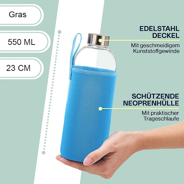 Klassisk bærbar glassvannflaske, 550 ml, egnet for varme eller kalde drikker