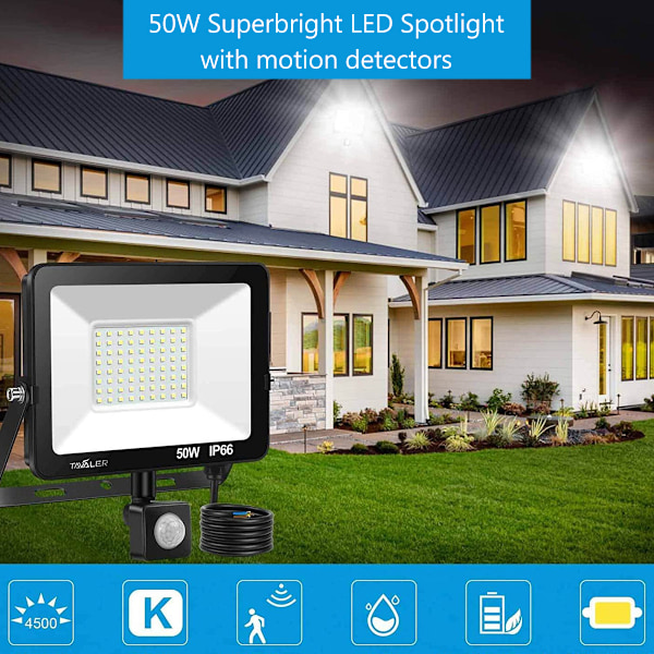 Superstark LED-strålkastare utomhus, energibesparande rörelsesensor säkerhetslampa med IP66 vattentätt skydd, Plug and Play-installation för