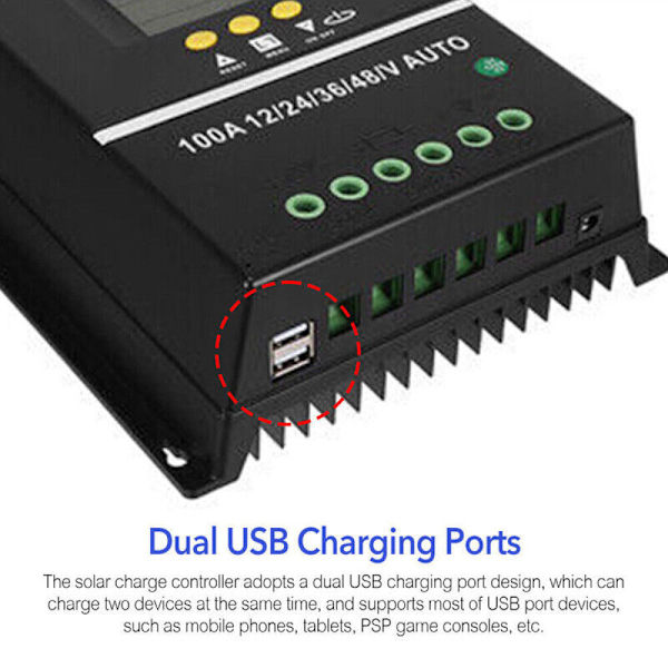 100A MPPT Solar Charge Controller 12V 24V 36V 48V PV Batteri Regulator Dobbelt USB