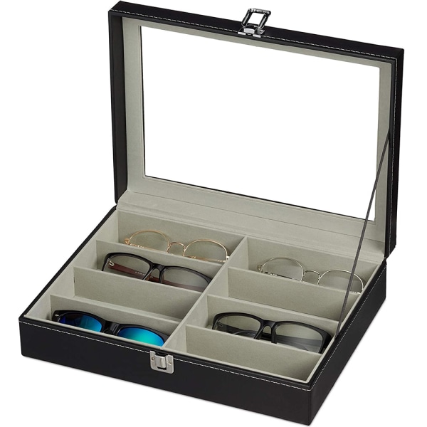 Opbevaringsboks til solbriller med 8 pladser, PU-læderbrilleskærm